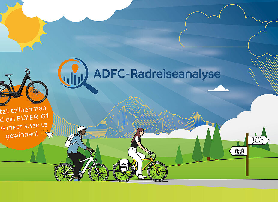 ADFC-Radreise-Analyse 2025 Illustration von zwei Radfahrenden vor einer bergigen Landschaft